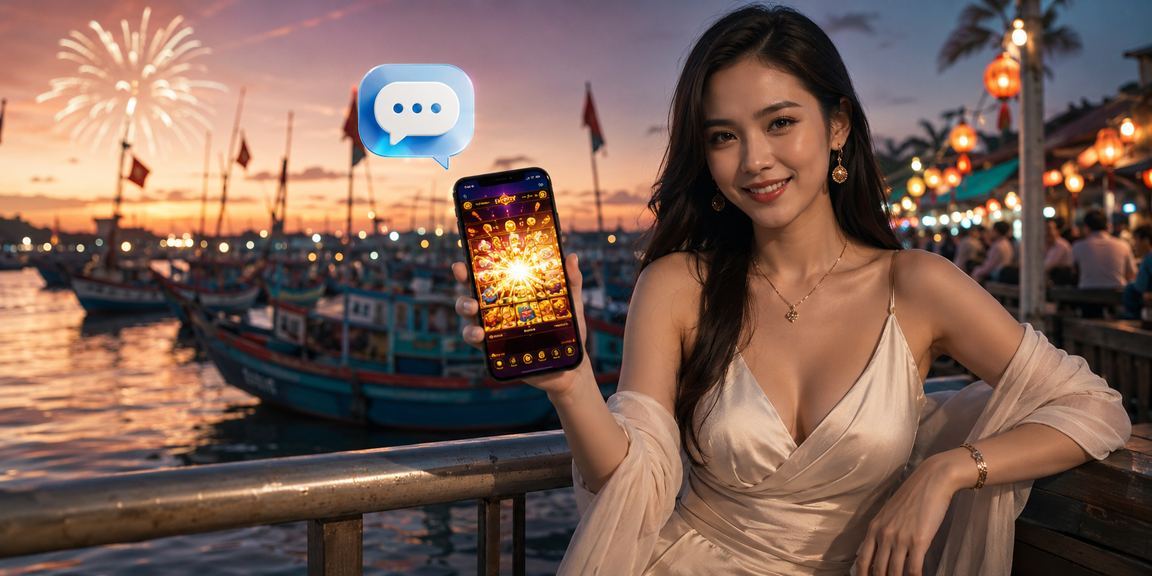 Người chơi Việt Nam trải nghiệm slot game trên bãi biển với giao diện tiếng Việt